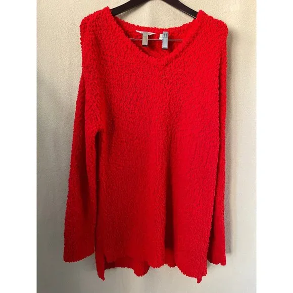 Cafe Marrakesh Red Soft Stretch Loose Knit V-Neck Sweater - 2X - Picture 9 of 12